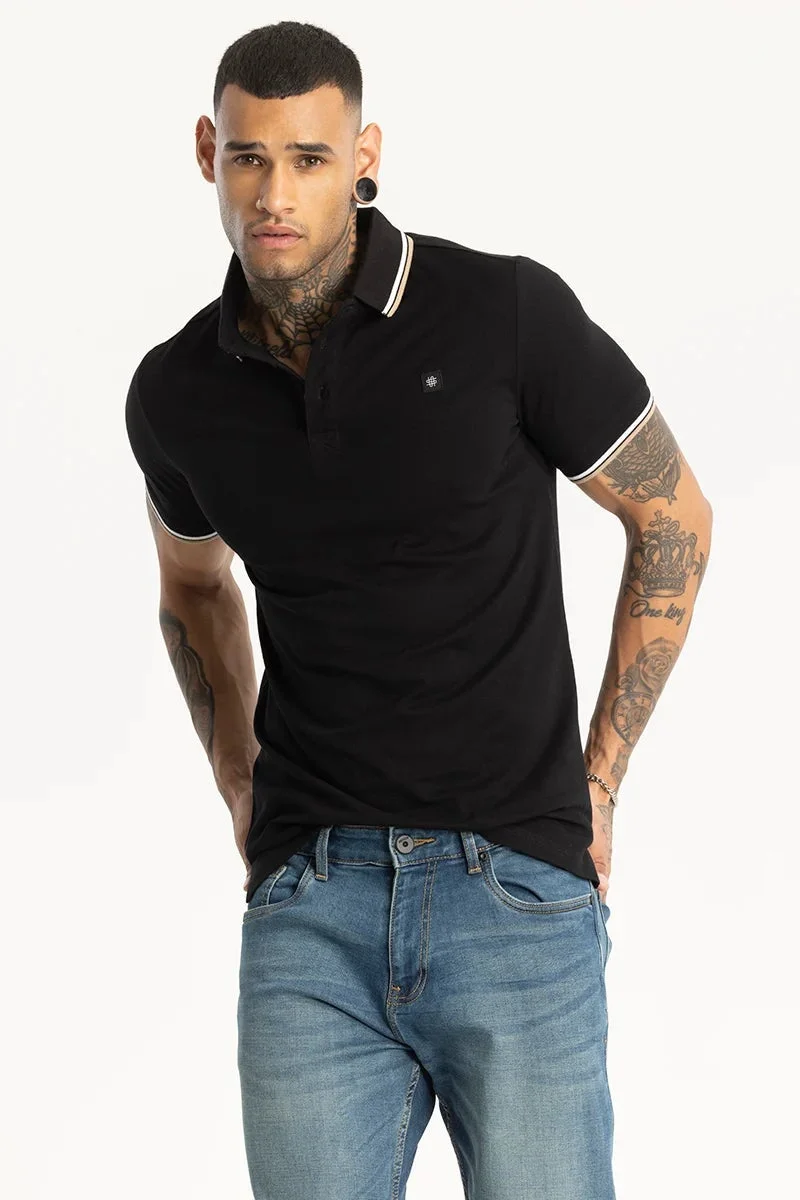 SNITCH Black Slim Fit Polo T-Shirt